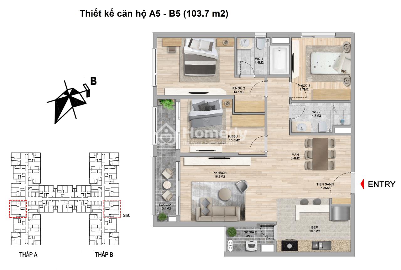 Thiết kế căn hộ 94,1m2 tại dự án The Zei Mỹ Đình 103.7m2