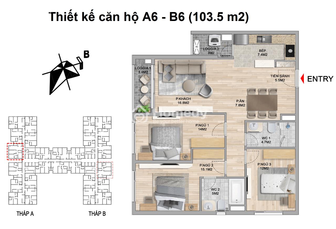 103.5m2Thiết kế căn hộ 103.7m2 tại dự án The Zei Mỹ Đình