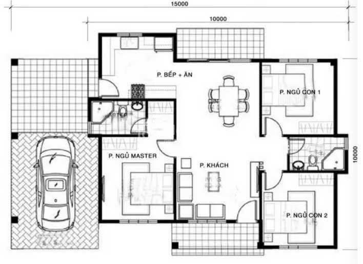 Bản vẽ nhà cấp 4 3 phòng ngủ 100m2 phong cách Châu âu