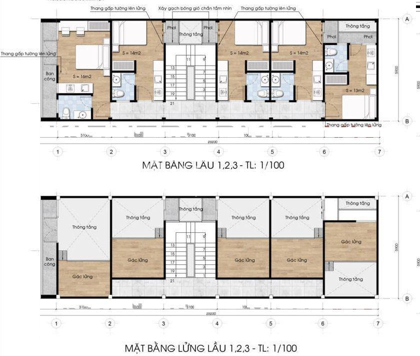 Bản vẽ thiết kế phòng trọ 2 tầng