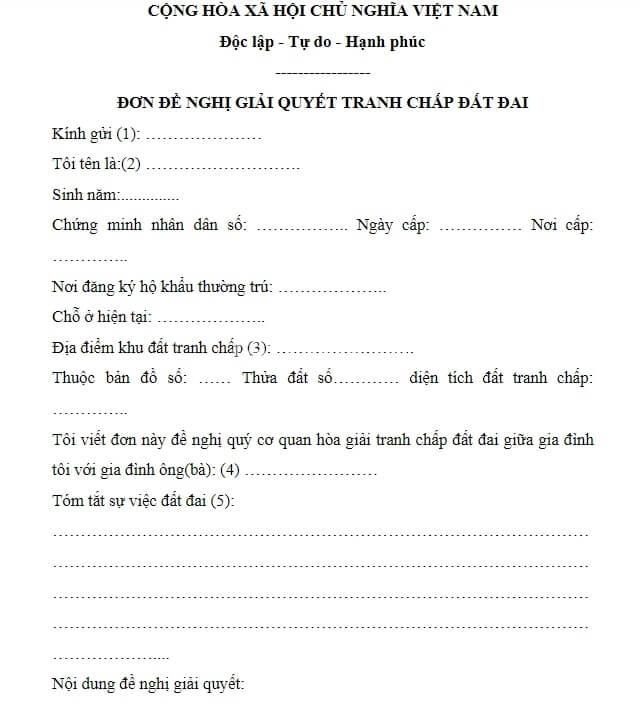 Đơn đề nghị giải quyết tranh chấp đất đai chuẩn 