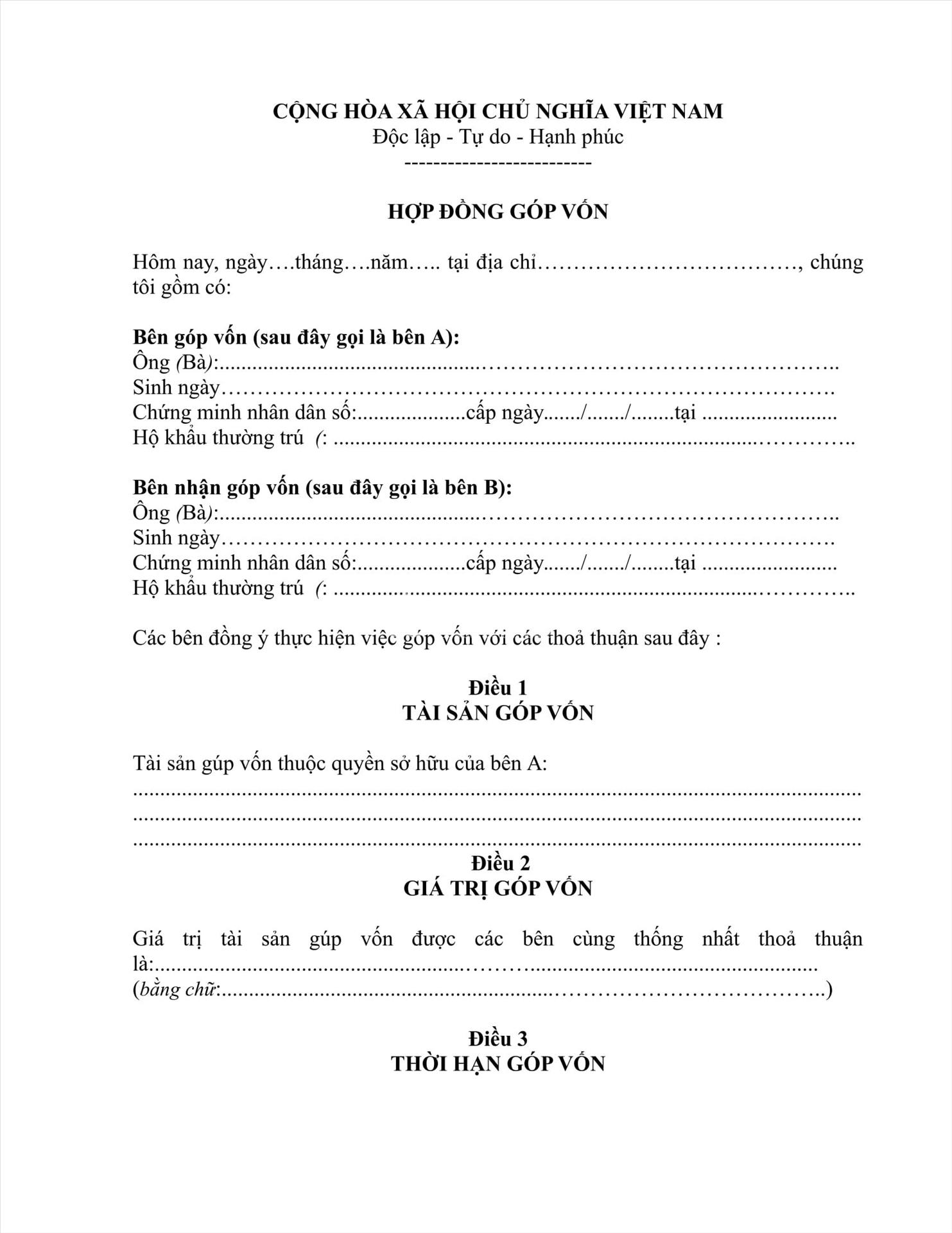 Mẫu hợp đồng góp vốn đầu tư