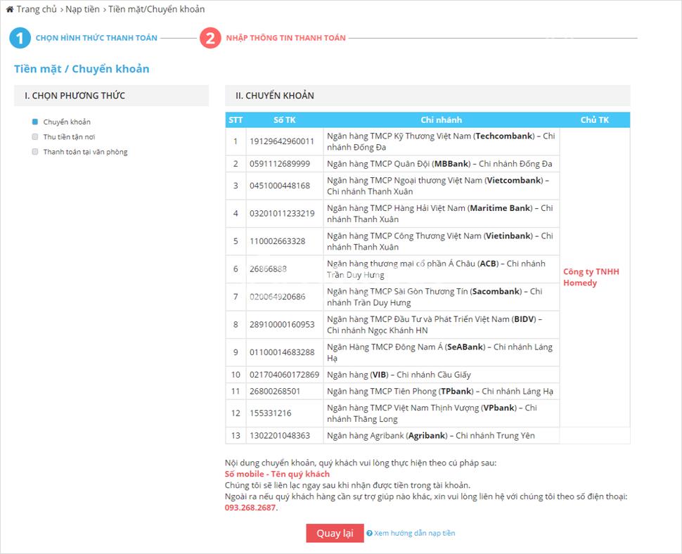 hướng dẫn nạp tiền bất động sản Homedy.com