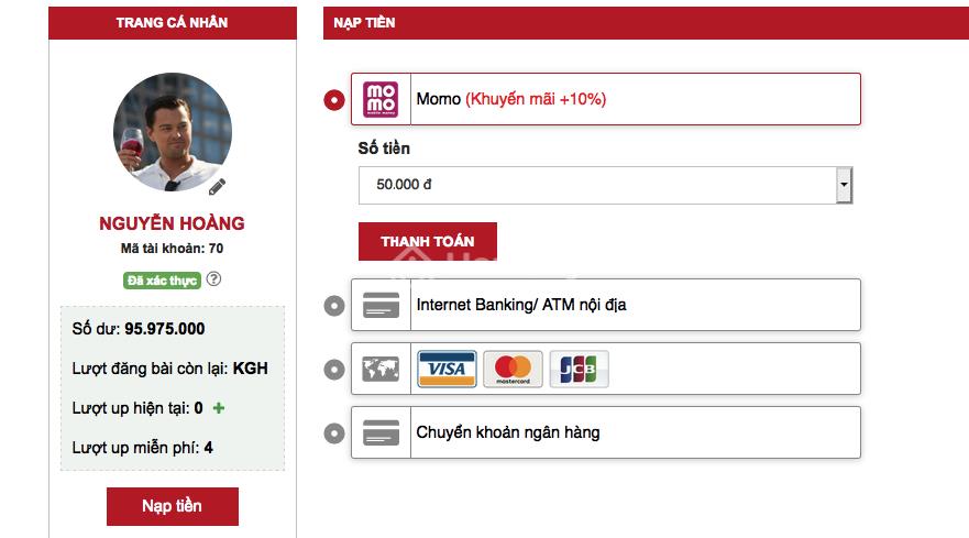 hướng dẫn nạp tiền bất động sản Homedy.com