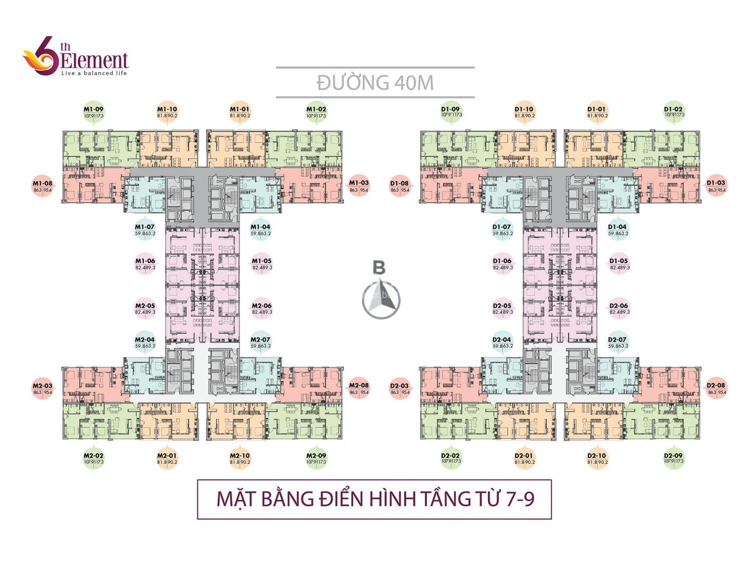 Mặt bằng điển hình căn hộ 6th Element tầng 7-9