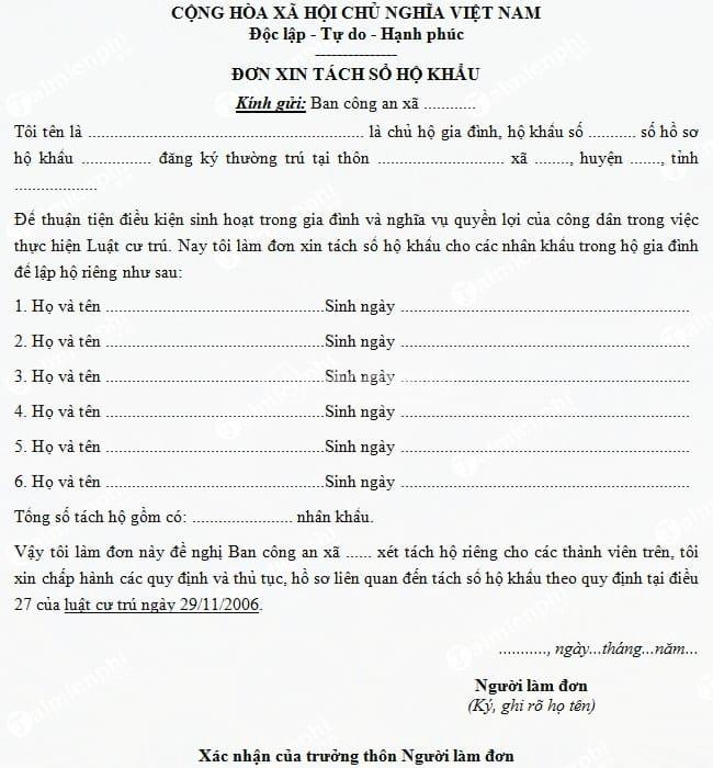 Mẫu đơn xin tách hộ khẩu chuẩn nhất