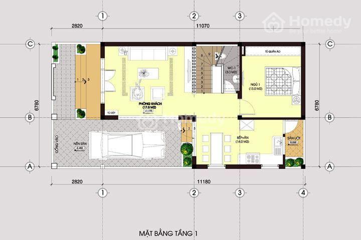 Mặt bằng nhà chữ l 2 tầng 80m2 mái thái đỏ độc lạ
