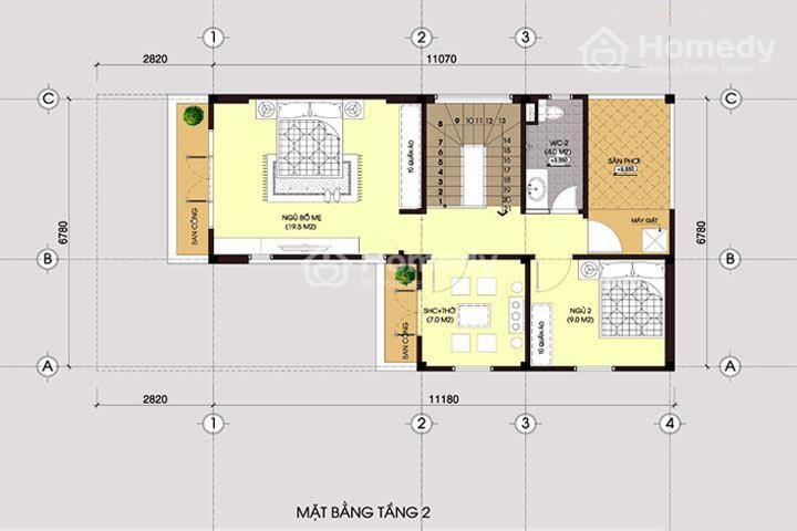 Mặt bằng nhà chữ l 2 tầng 80m2 mái thái đỏ độc lạ