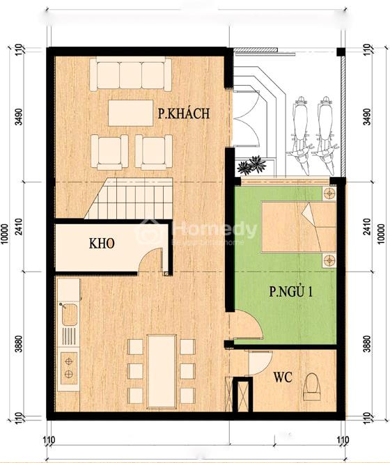 Mẫu nhà chữ L 2 tầng rộng 90m2