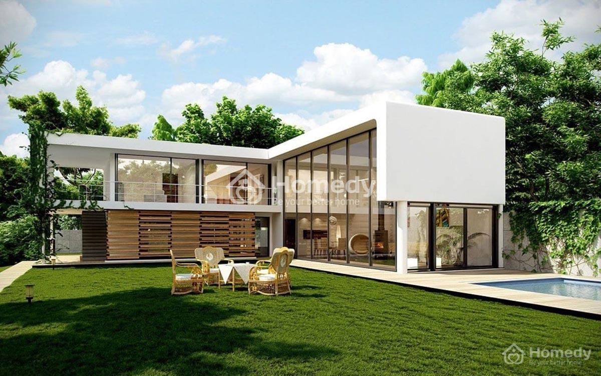 Nhà 2 tầng mái bằng chữ L rộng 90m2