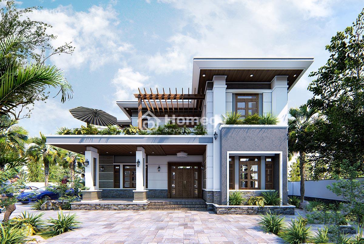 nhà chữ l 2 tầng mái bằng sân vườn